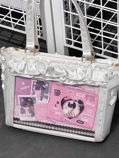 White Satin Ruffle Trims Self-tie Straps Ita Bag With Bow Card Holder