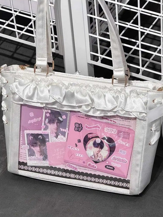 White Satin Ruffle Trims Self-tie Straps Ita Bag With Bow Card Holder