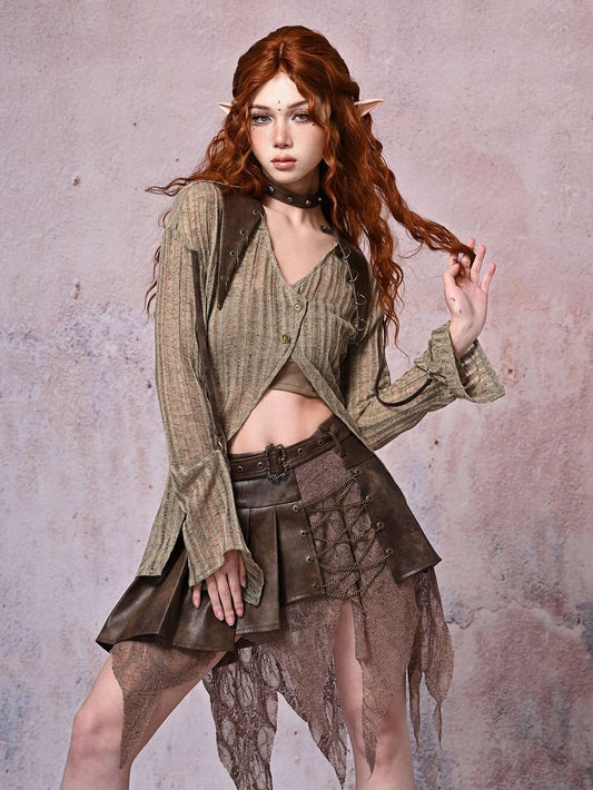 Light Coffee V-neck Wasteland Punk Slim Fit Knit Top