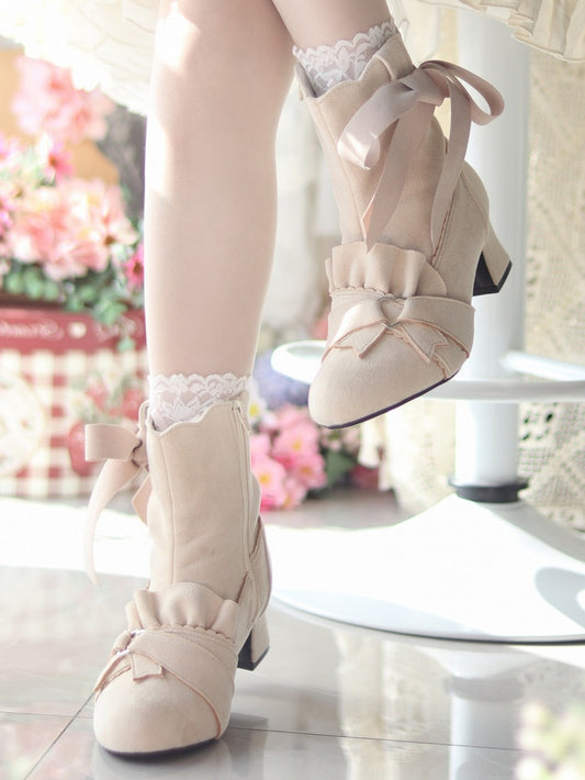 Beige Knotted Bow Accent Zip Closure at Sides Ankle Boots
