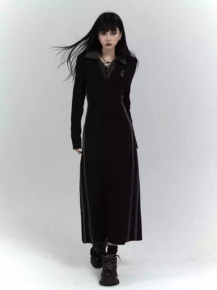 Gothic Black Dress with Lace-up Detail at Front