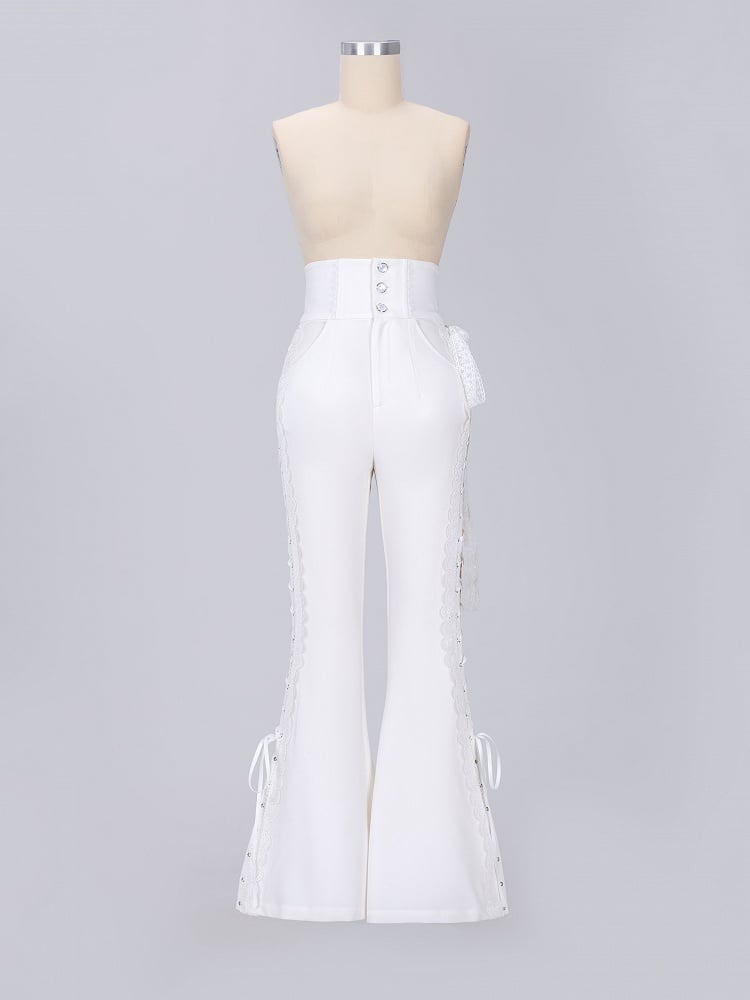 White Boned High Waist Side-Tie Lace Flare Pants