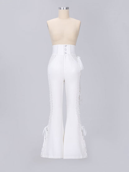 White Boned High Waist Side-Tie Lace Flare Pants