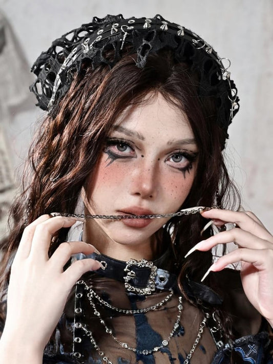 Grunge Punk Rock Black Studs Design Mesh Triangle Scarf KC Cross Charms Chain Detail