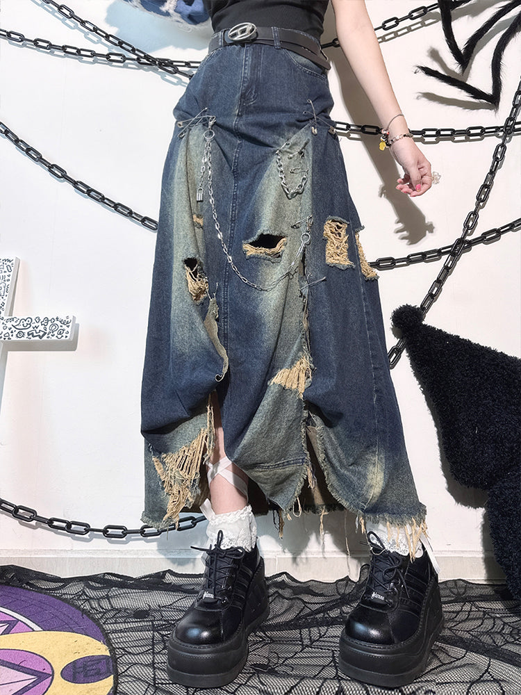 Faded Wash Blue Pins Decorated Punk Distressed Holes Y2K Denim Skirt