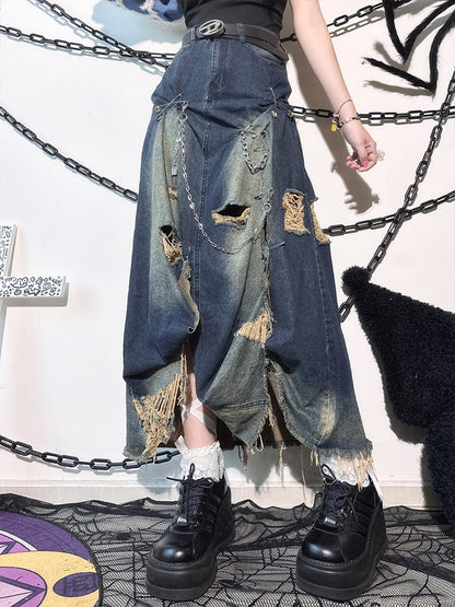 Faded Wash Blue Pins Decorated Punk Distressed Holes Y2K Denim Skirt