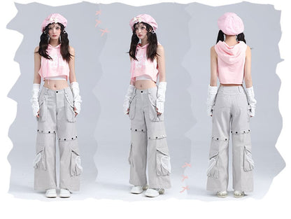 Star-shaped Studs Gray Cargo Pockets Detachable Jeans