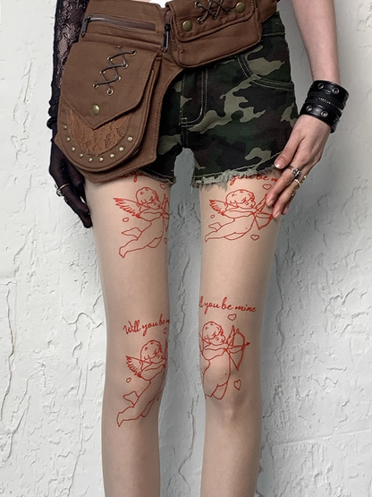 Y2K Nude Cupid Print Tights