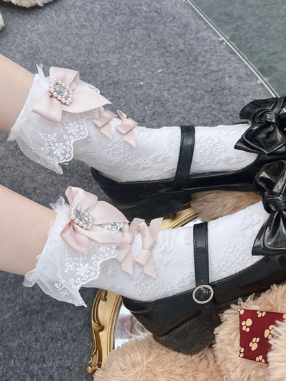 White/Black Jirai Kei Bowknot Details Rhinestone Lace Cuffs Calf Socks