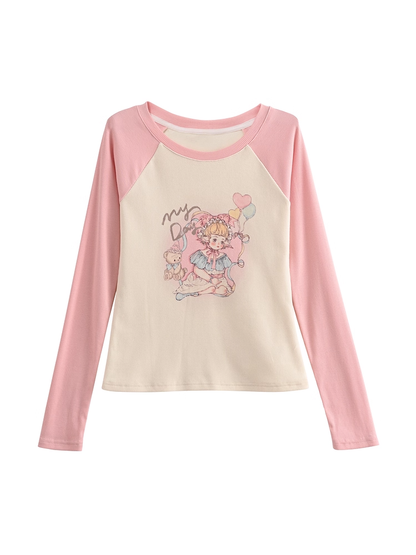 Cartoon Girl Print Apricot and Pink Colorblock Design Slim-fitting Top