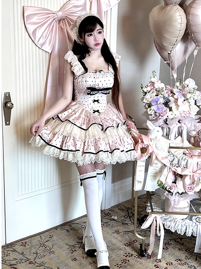 Black Polka Dots Pink Basque Waist Tiered Skirt Sweet Dress