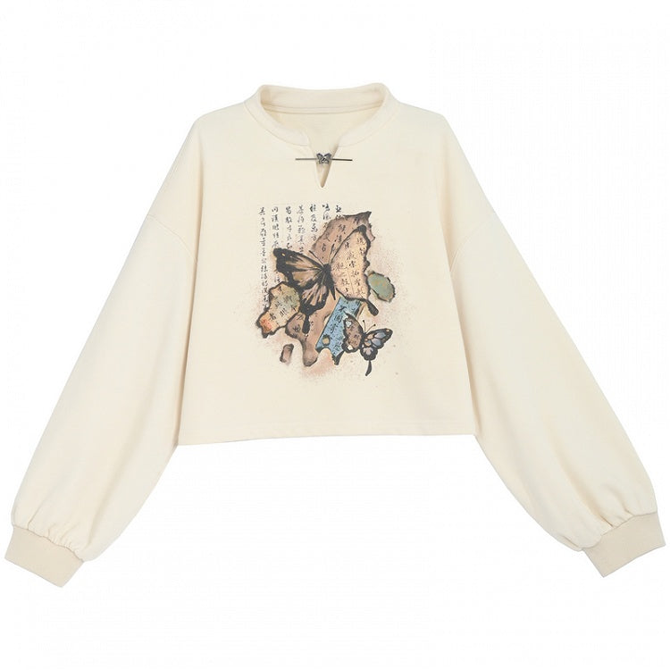 Cheongsam Style Butterfly Print Black/Apricot Banded Collar Sweatshirt