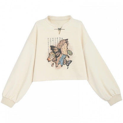 Cheongsam Style Butterfly Print Black/Apricot Banded Collar Sweatshirt