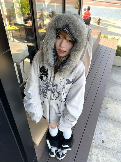 Y2K Khaki Rabbit Ear Hooded Jacket Zip-Up Hoodie for Spring