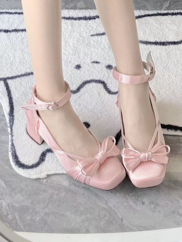 Pink Elegant Bow at Top Mary Janes With Dual Detachable Buckle Ankle Straps