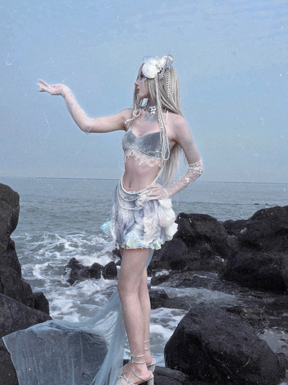 Lace Applique Dusty Blue Velvet Camisole with Detachable Bead Chains