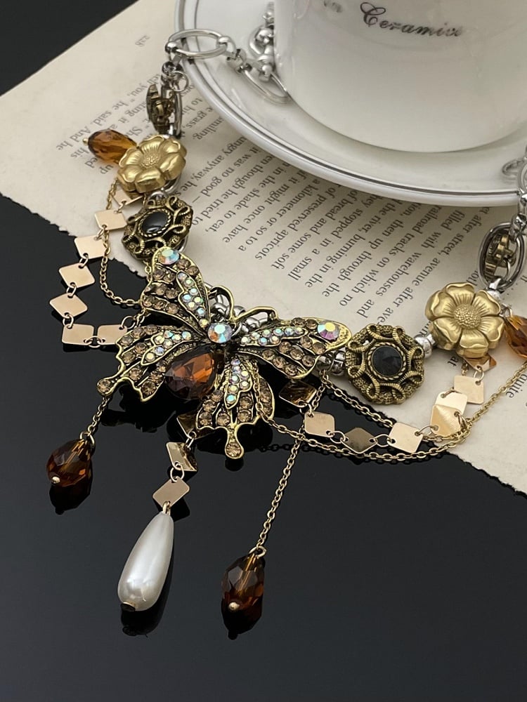 Butterfly Pendant Baroque Necklace Bronze Choker