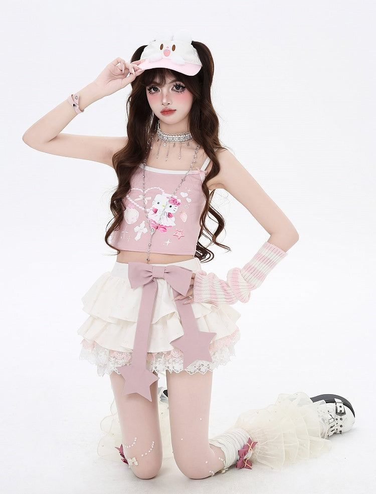 Pink Big Bow Apricot Allover Bowknot Print Lace Trim Lined Tiered Skirt