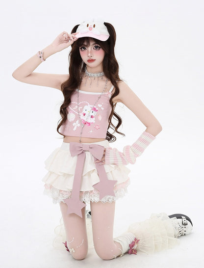 Pink Big Bow Apricot Allover Bowknot Print Lace Trim Lined Tiered Skirt