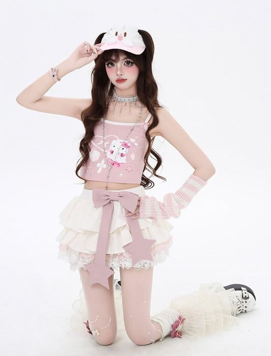 Pink Big Bow Apricot Allover Bowknot Print Lace Trim Lined Tiered Skirt