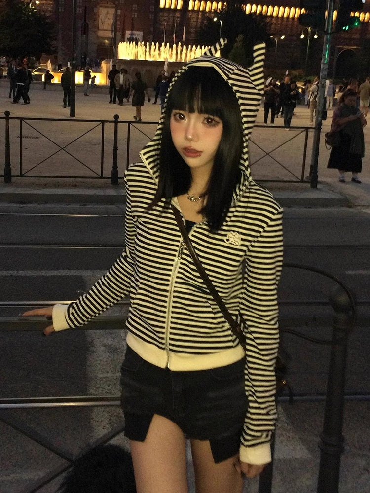 Y2K Black & White Stripes Zip-Up Hoodie with Devil Hood