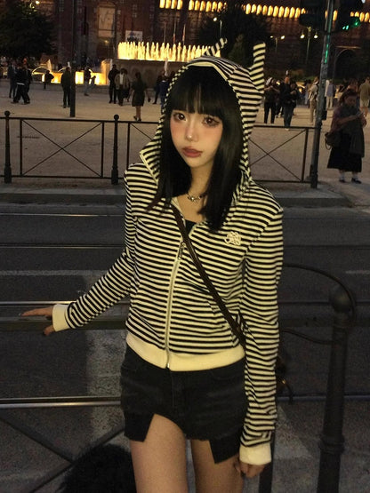 Y2K Black & White Stripes Zip-Up Hoodie with Devil Hood