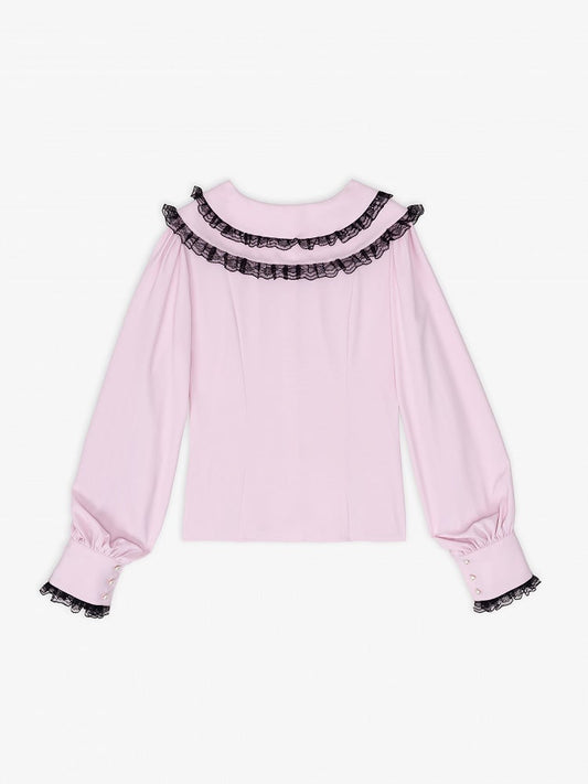 Pink Sweetheart Jirai Kei Blouse with Black Lace Trim and Free Bowtie