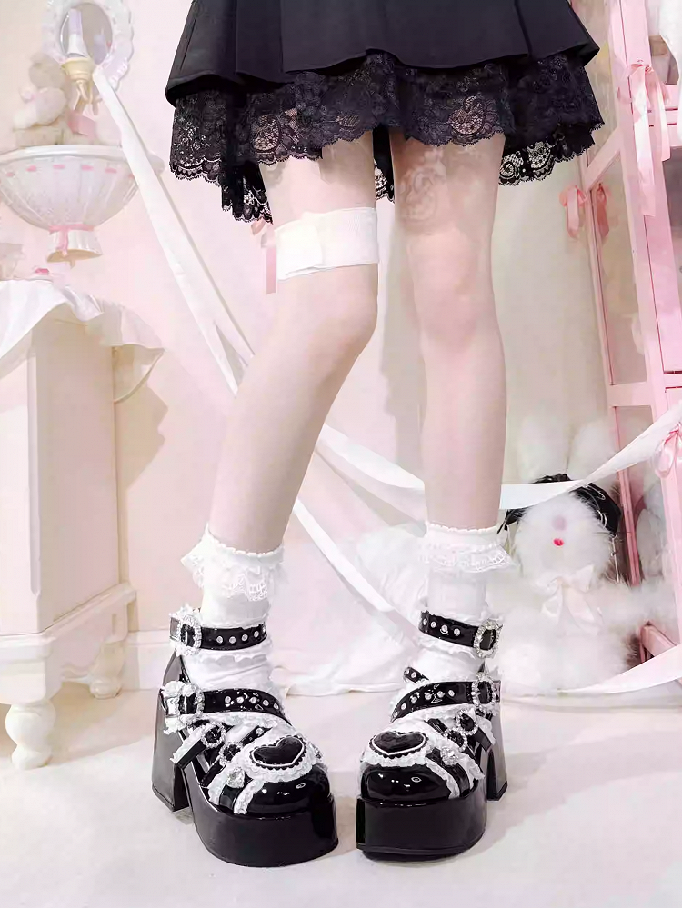 Jirai Kei Black Platform Shoes: Round Toe with High Block Heel & Lace and Rhinestone Embellished Cross Buckle Straps