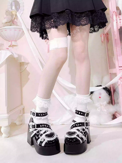 Jirai Kei Black Platform Shoes: Round Toe with High Block Heel & Lace and Rhinestone Embellished Cross Buckle Straps