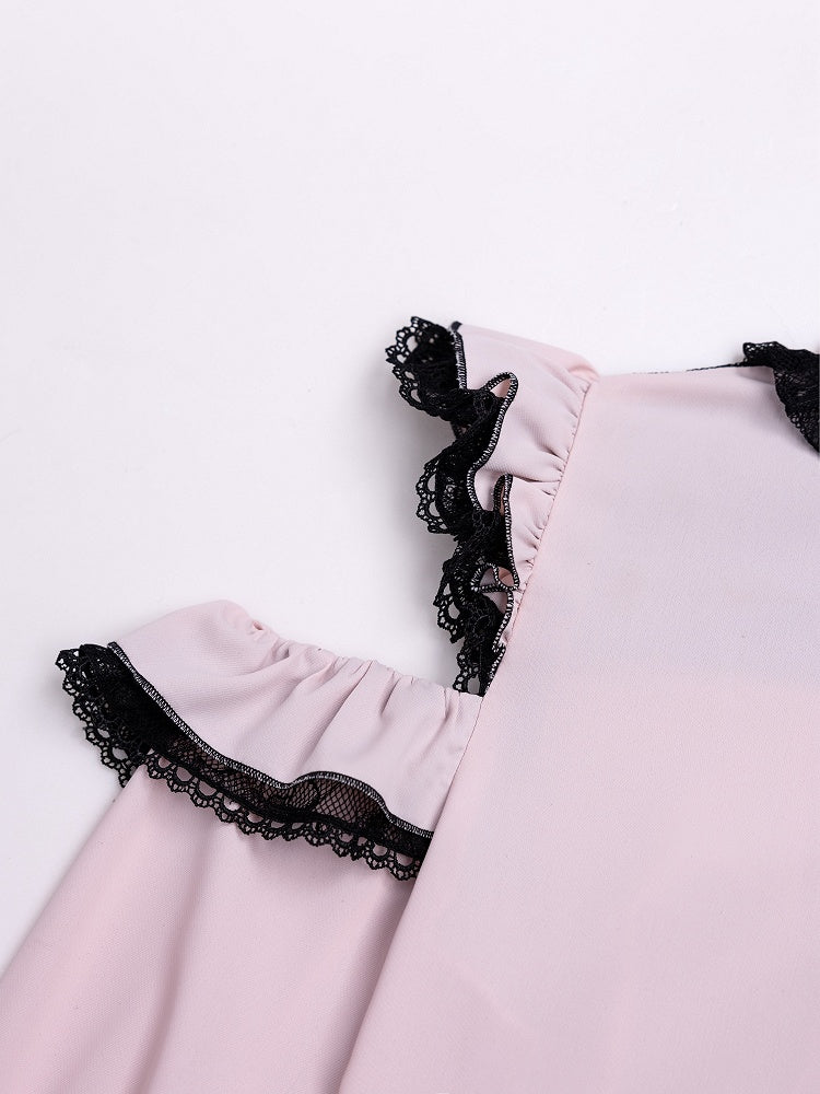 Open Shoulders and Illusion Neckline Jirai Kei Long Sleeves Pink Blouse