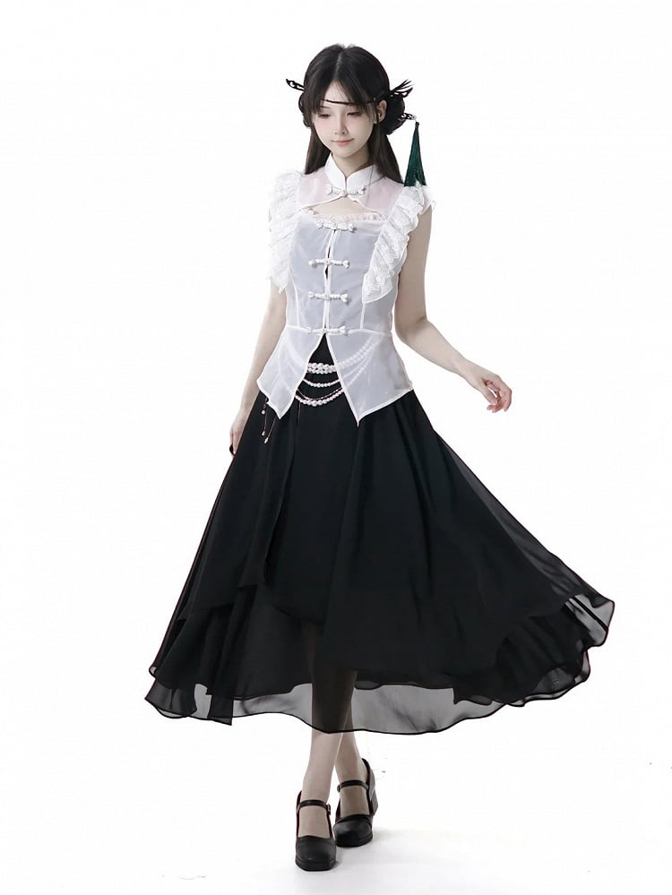 White Banded Collar Cheongsam Style Knot Buttons Flutter Sleeves Coverup