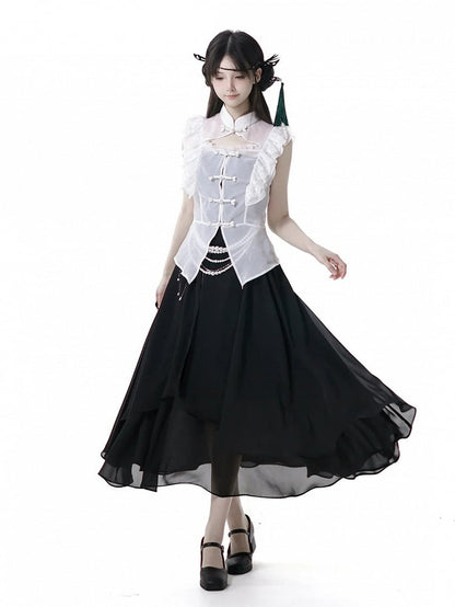 White Banded Collar Cheongsam Style Knot Buttons Flutter Sleeves Coverup