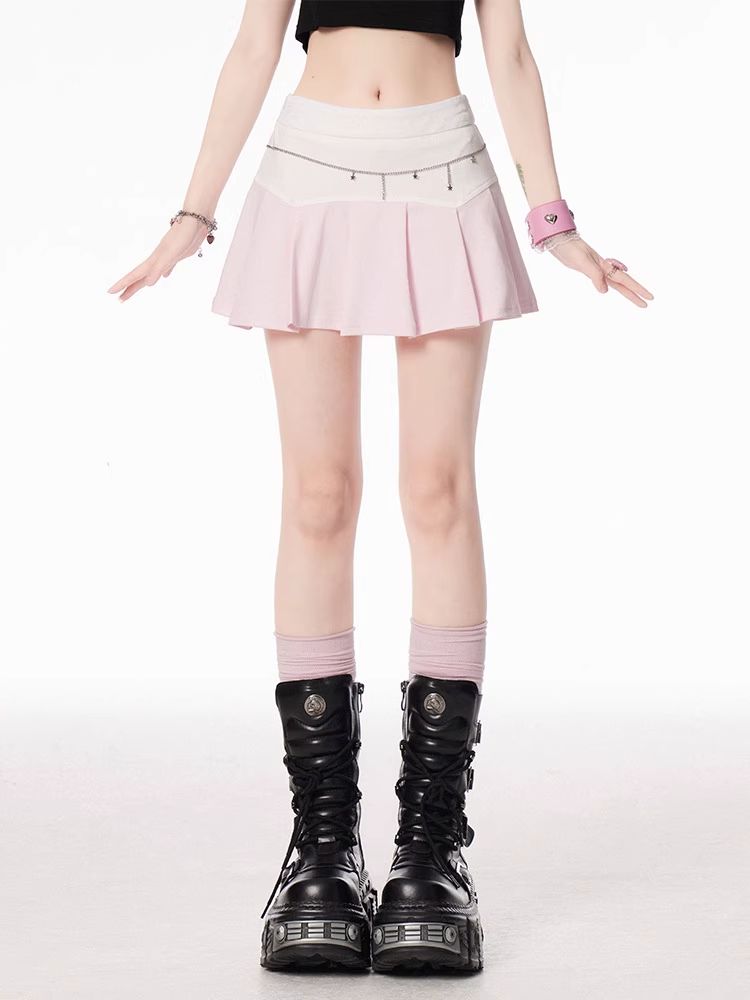 Pink and White Colorblock Design Pleated Skirt