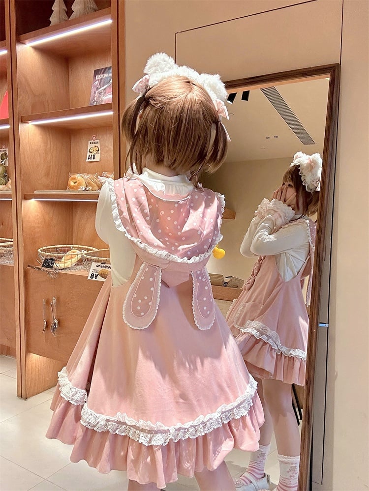Bunny Ears Design Hood Pink Sweet Lolita Jumper Skirt Polka-dot Bowknot Details on Waist