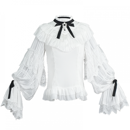White Elegant Edward Neck Long Sleeves Blouse