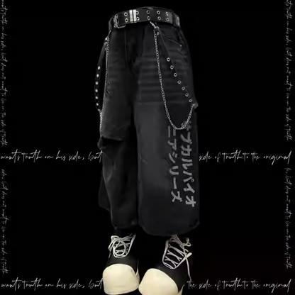 Black Cross Appliques Distressed Holes Vintage Straight-Leg Jeans