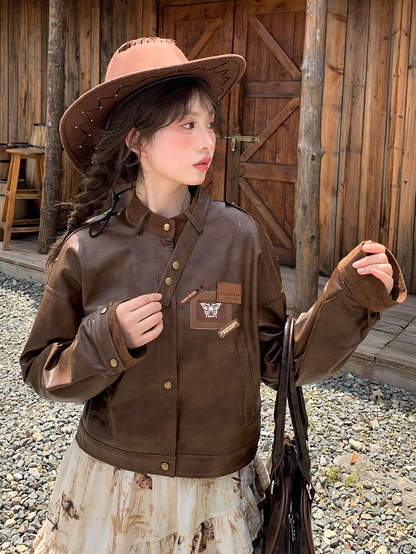 Brown Badge Appliques Vintage PU Jacket for Autumn