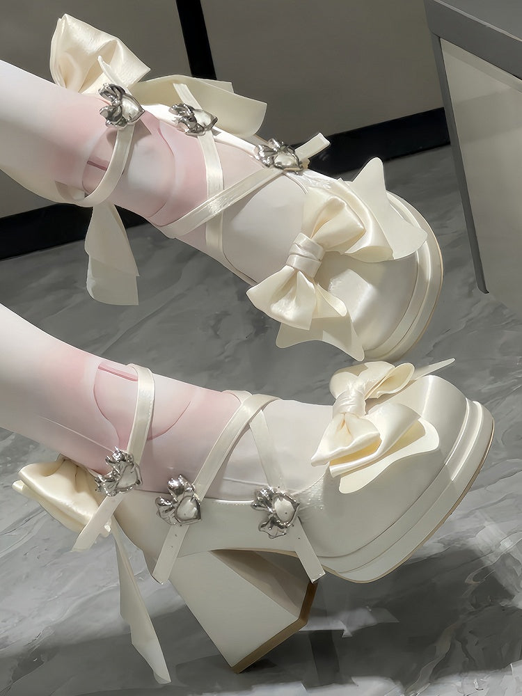 Classic White Lolita High Block Heels - Removable Bow with Heart Decor & Heart Buckles