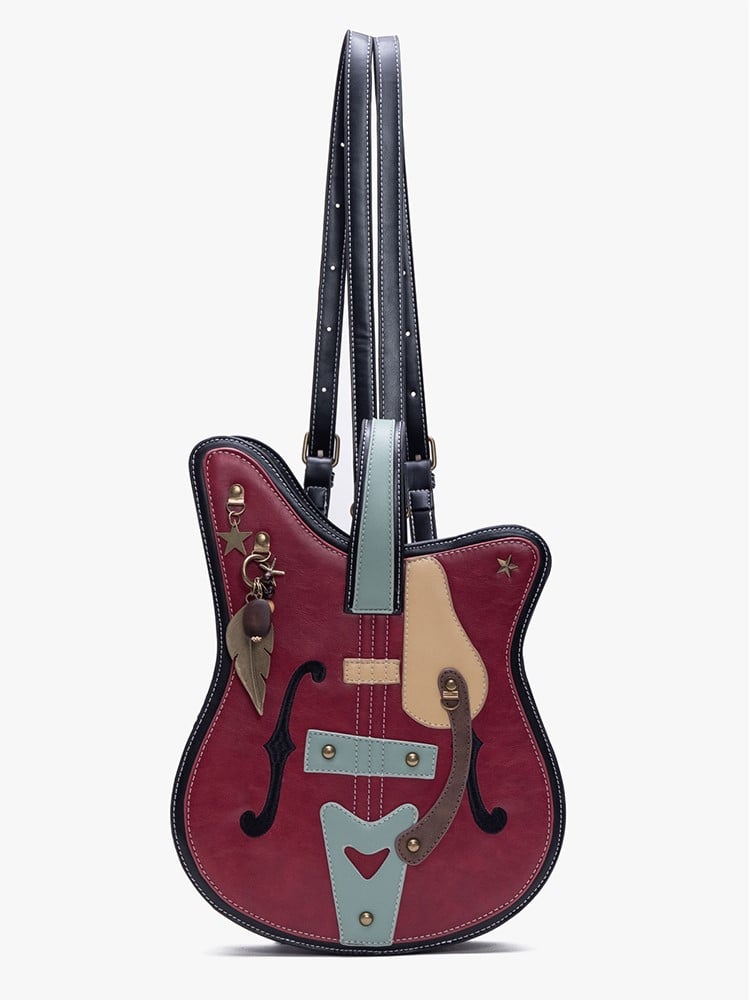 Vintage 2-Way Red Guitar-Shaped Tote Bag With Metal Feather Chain Accents