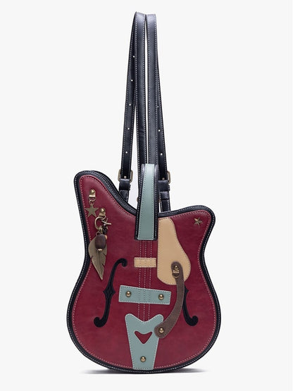 Vintage 2-Way Red Guitar-Shaped Tote Bag With Metal Feather Chain Accents