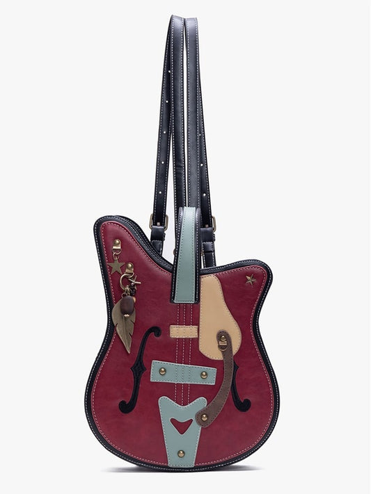 Vintage 2-Way Red Guitar-Shaped Tote Bag With Metal Feather Chain Accents