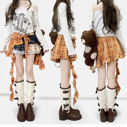 White Y2K Asymmetrical Neckline Print Design Long Sleeves Top + Neck Accessory