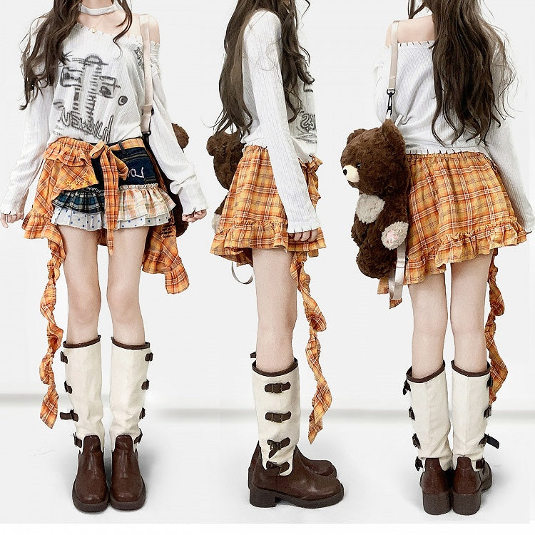 White Y2K Asymmetrical Neckline Print Design Long Sleeves Top + Neck Accessory