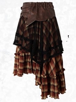 Black&Red Wasteland Punk Plaid Pattern Studs PU Waistline Asymmetrical Flounce Hem Skirt