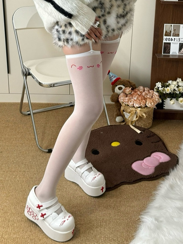 Blue/Pink Sweet Lolita Smile Print Suspender Stockings