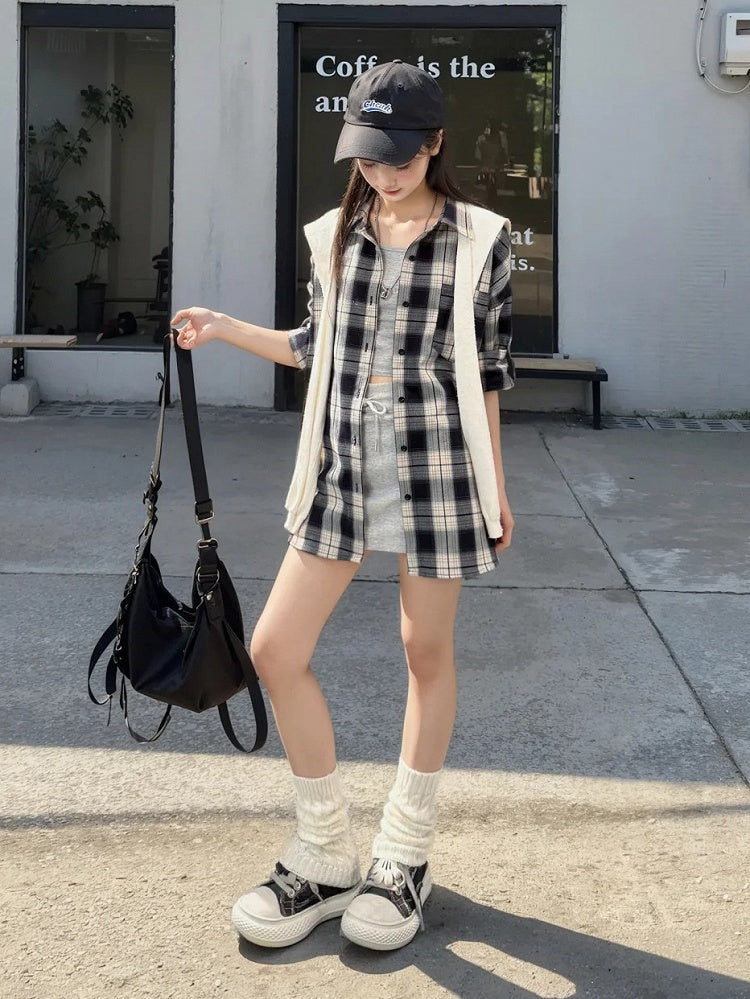 Navy Blue Front Button Placket Vintage Plaid Shirt