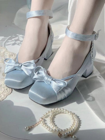 Blue Elegant Bow at Top Mary Janes With Dual Detachable Buckle Ankle Straps