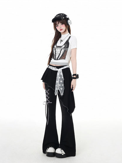 Black Asymmetrical Hem Lace-up Detail Flared Pants Faux Two-Piece with Lace Waist Belt