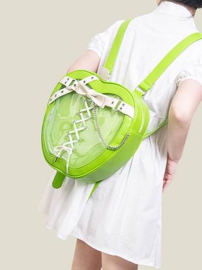 Chic Green Apple-Shaped Ita Backpack With White Belt And Bow Accents