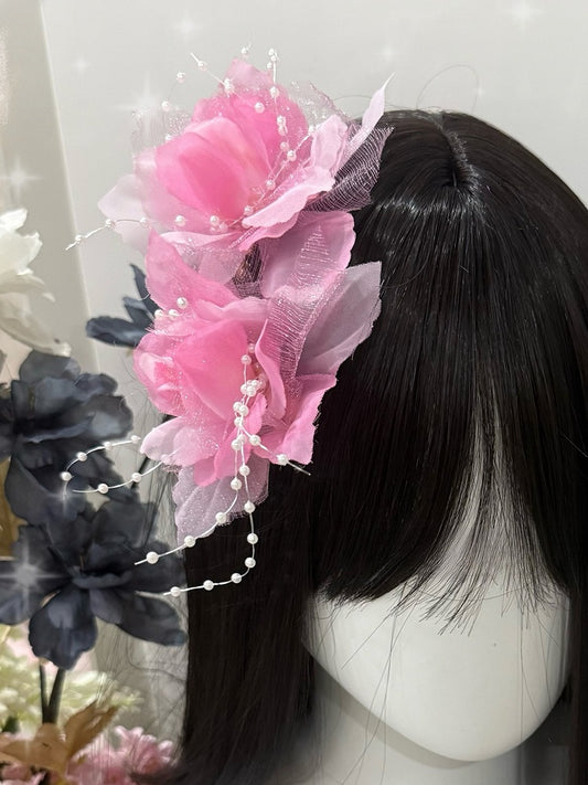 Pink Beaded Decorated Floral Hairclips